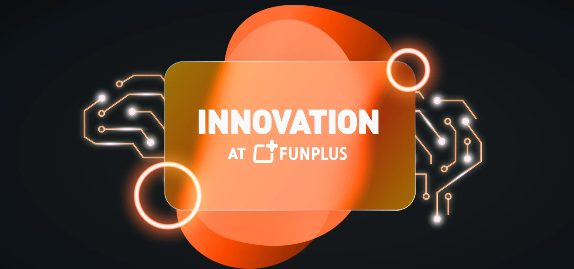 Innovation at Games Studio: framed by orange circuit-board graphics, glowing rings, and a brain-with-microchip icon labeled 'AI,' set against a dark background