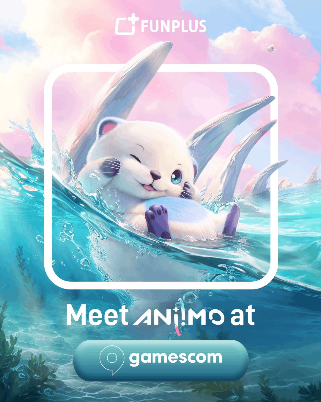 Games Studio Gamescom 2026 promo for the game Aniimo: Susuta, a fluffy white Aniimo creature with blue eyes and fin-like ears, floats on its back in sparkling water under a pink sky. Text: 'Meet Aniimo at gamescom.'